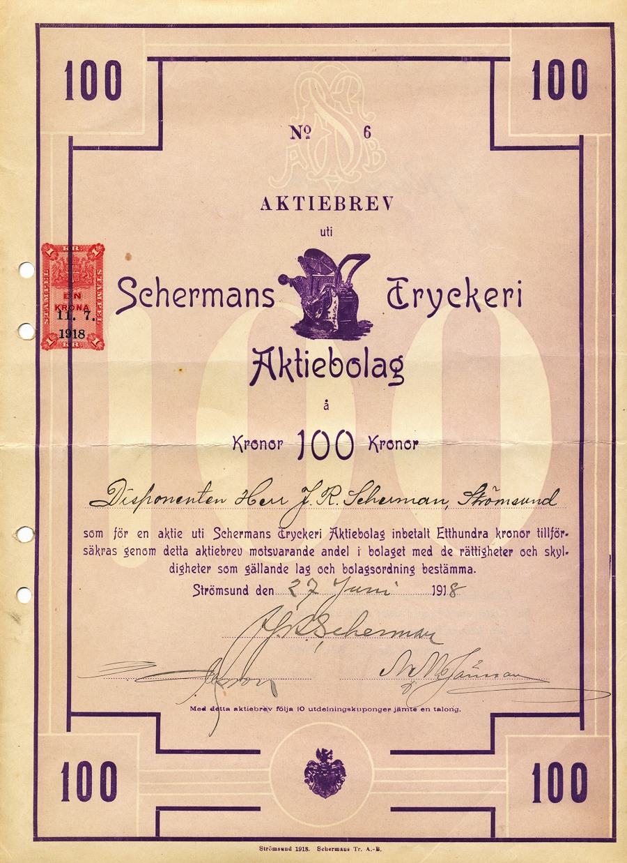 Aktiebrev Schermans Tryckeri AB
