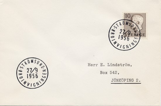 Minnespoststämpel från broinvigningen 27 sept. 1956.