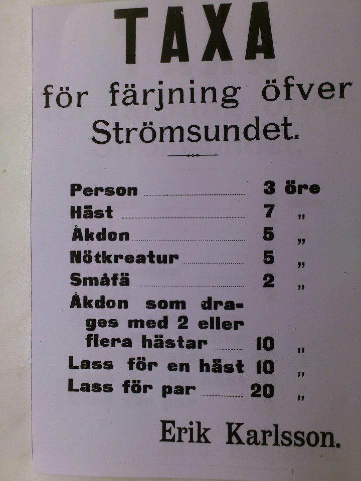 Taxa f&ouml;r f&auml;rjning &ouml;ver Str&ouml;msundet.